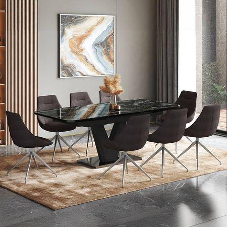 Caribu 6 To 8 Extendable Dining Table With Set Of 8 Doris Swivel Accent Chairs (Colour- Dark Grey, Finish- Black High Gloss)