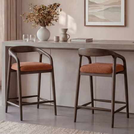 Zen Solid Wood Bar Stool In Danish Walnut Finish with Rust Boucle Colour