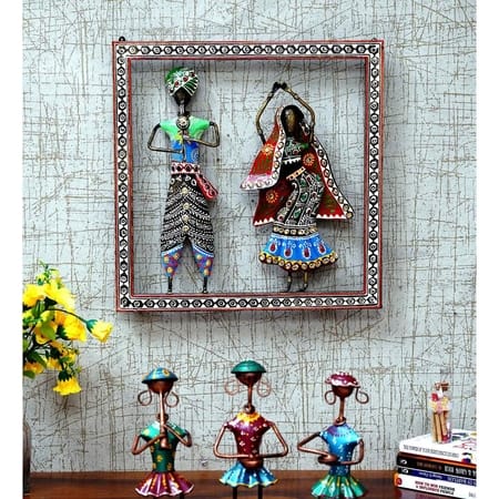 Desert Art Metal Handpainted Dancer Couple Wall Hanging in Black Colour