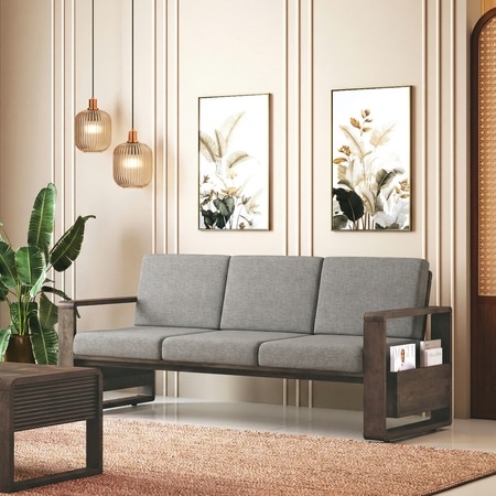 Moreno Three Seater Sofa Wood Sofa In Danish Walnut Finish with Flint Grey Futon Colour