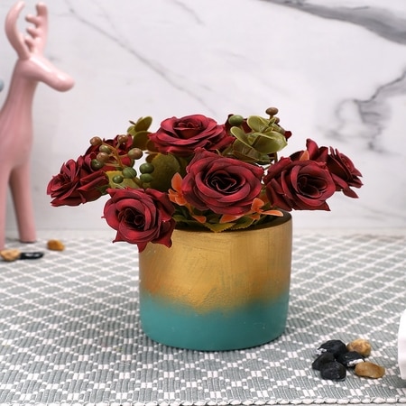 Artificial Red Roses With A Ceramic Pot