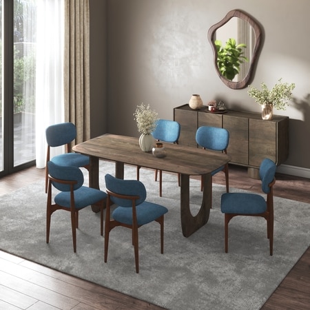 Aero Solid Wood 6 Seater Dining Table With 6  Ollie Dining Chairs (Finish : Danish Walnut, Chair Colour : Baltic Blue)