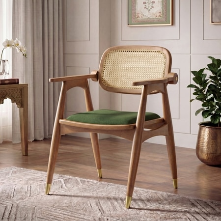 Aubrey Solid Wood Armchair In Amber Walnut Finish with Moss Green Colour