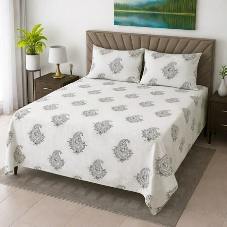Black And White Floral 330 Tc Cotton Flat Queen Size Bedsheet With 2 Pillow Cover
