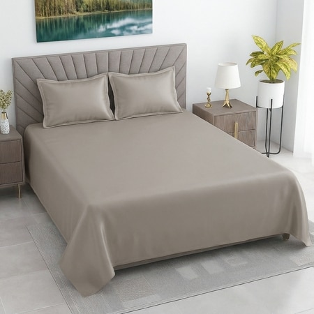 Pia Coffee Shade Solid Plain 500 TC Cotton Satin Flat Super King Size Bedsheet with 2 Pillow Covers – Threads
