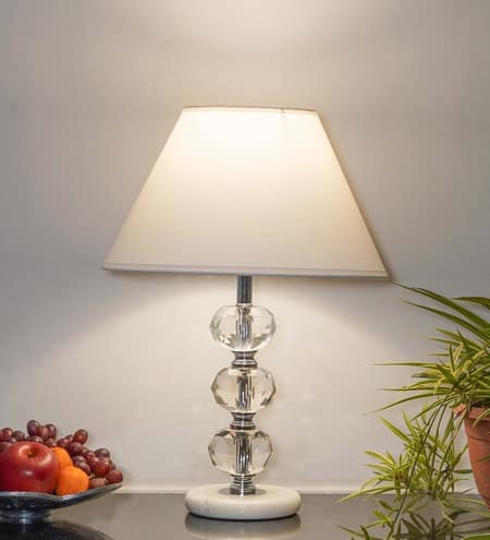 Aspley Chrome Finish Metal Clear Crystal Glass  And White Marble Table Lamp With White Cotton Shade