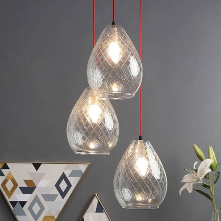 Mariana 3-Light Hanging Cluster with Cutwork Clear Glass Shade & Contrast Wire