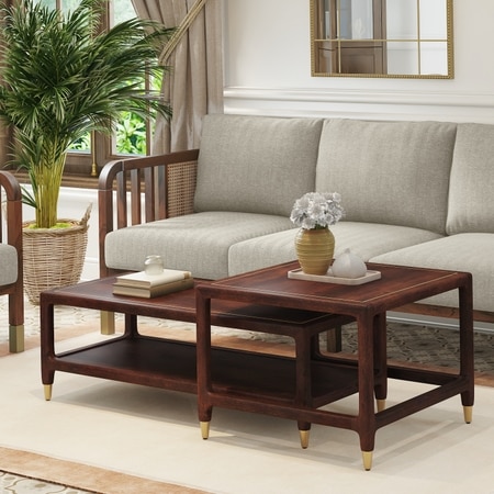 Sera Rectangular and Square Solid Wood Nested Coffee Table in Walnut Finish