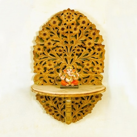 Natural Color Hand Carved Wooden Wall Shelf Wall Décor With Light Brown Shade