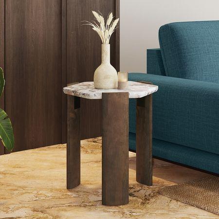 Kanso Hexagon Toronto Marble and Solid Wood Side Table in Danish Walnut Finish