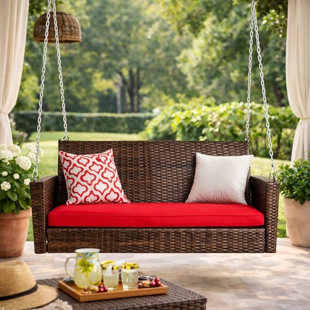 Carry Bird Wicker Patio Furniture Outdoor Balcony Swings In Brown And Red Colour