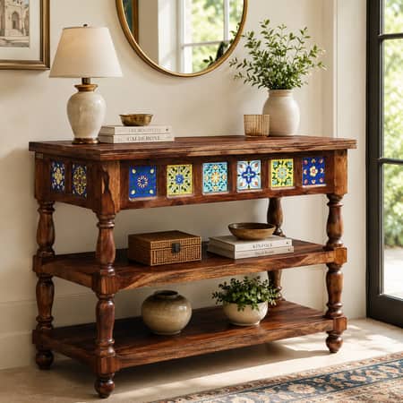 Rangrez Sheesham Wood Console Table in Provincial Teak Finish