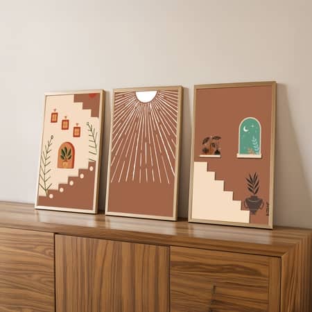 The Castle Decor Boho Abstract Wall Art Set of 3 9x17 Inch