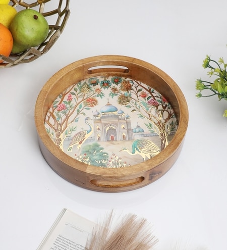 Peacock Palace Round Tray – Mughal-Inspired Art- Small (1 Piece)
