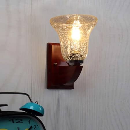 Devansh Solid Wood Electric Wall Light in Brown Colour with Transparent Shade Count of 1 Light