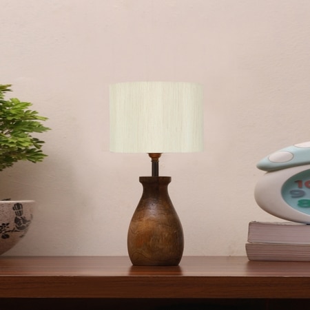 Devansh Off White Cotton Table Lamp With  Wood Natural Base  (7X13 Inches)-2