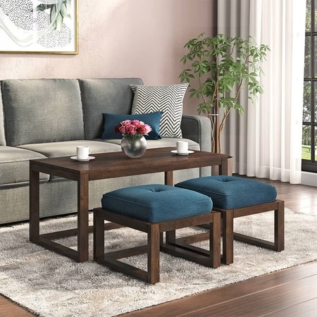 Avril Rectangular Solid Wood Coffee Table with Seats In Mango Walnut Finish and in Delft Blue Fabric