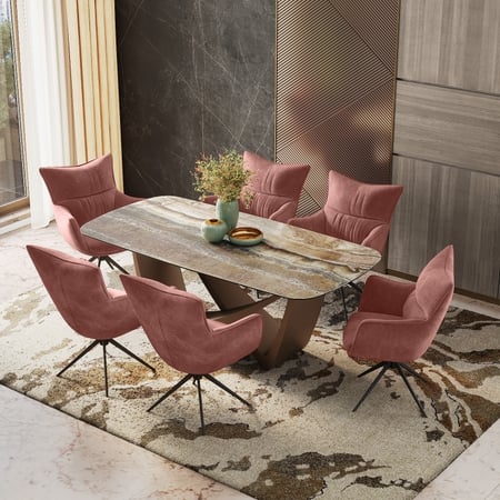 Paloma 6 Seater Jupiter Spanish Ceramic Dining Table With 6  Beck Dining Chairs (Finish : Jupiter Spanish Ceramic, Chair Colour : Wine)