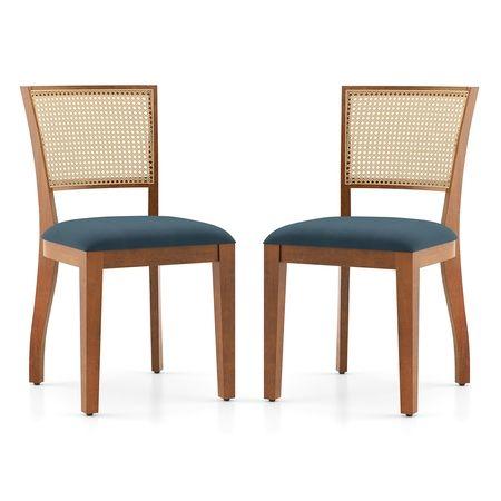 Reed Solid Wood Dining Chair Set Of 2 In Finish Amber Walnut And Colour Night Blue Velvet