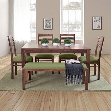 Oribi Dining Bench In Teak Finish With Avocado Green Fabric