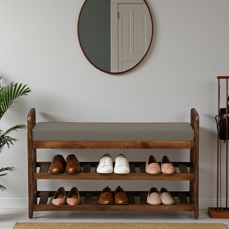 Mosselyn Solid Wood Shoe Rack with Seating in Walnut Brown finish