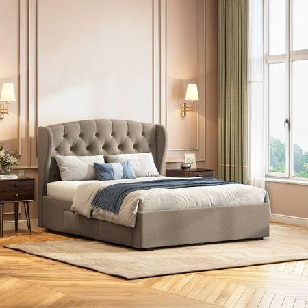 Holmebrook Engineered Wood Queen Size Drawer Storage Upholstered Bed In Shitake Beige Colour