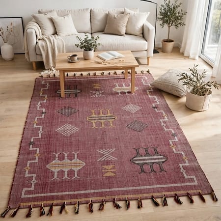 Tribal Moroccan Inspired Boho Rug Burgundy Geometric Tribal Area Rug Size 65 x 87 in