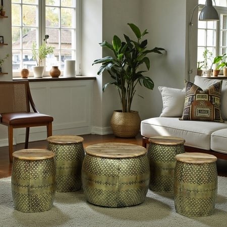 Vintage Hammered Metal Coffee Table with 4 Stools in Gold Finish Set of 5