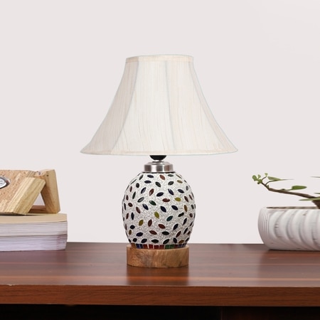 Devansh Off-White Cotton Shade Lamp With Wood & Mosaic Glass Base For Decoration/Office/Home/Gifting/Study For Decoration/Office/Home/Gifting/Study