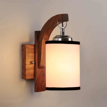 Devansh Solid Wood Electric Wall Light in Brown Colour with White Shade Count of 1 Light