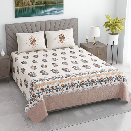 Off White Floral 400 Tc Cotton Flat Super King Size Bedsheet With 2 Pillow Cover