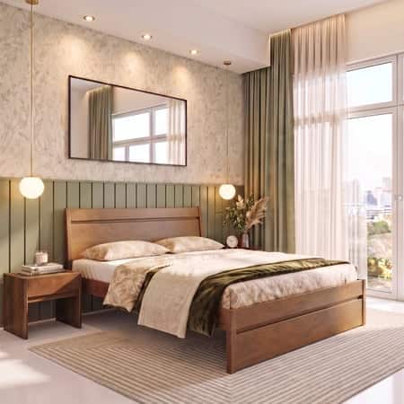 Basel Solid Wood King Size Non Storage Bed In Amber Walnut Finish