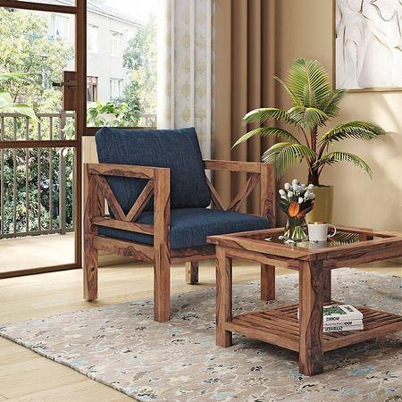 Alden 1 Seater Wooden Sofa (Indigo Blue Honduras)