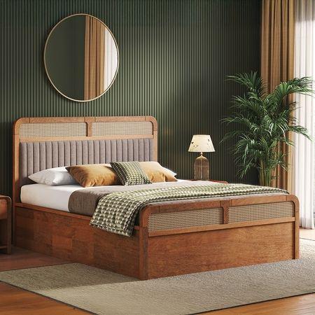 Hanoi Solid Wood + Cane Queen Size Hydraulic Storage Bed In Amber Walnut Finish, Fabric Shitake Beige Fabric