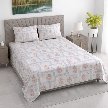 Evan White Floral 400 TC Cotton Flat Super King Size Bedsheet with 2 Pillow Covers – Threads