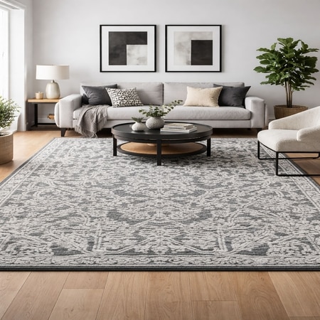 Ornate Wool Rectangle Carpets Hand Tufted in Grey Colour