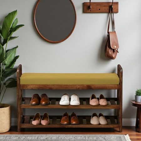 Holmsvik Solid Wood Shoe Rack with Seating in Walnut Brown finish