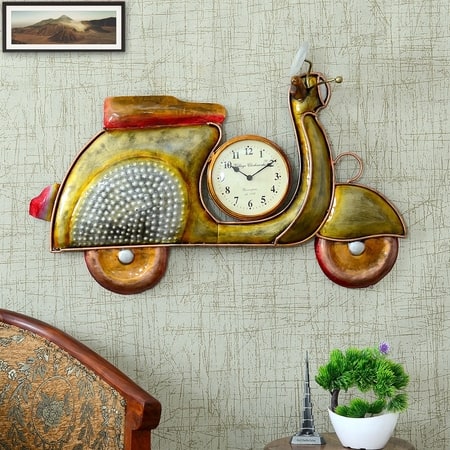 Metal Handpainted Decorative Scooter Wall Hanging Showpiece Clock By Craft Tree