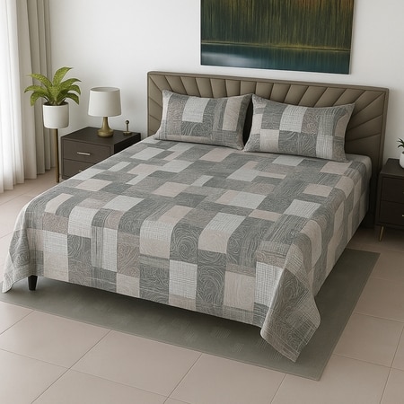 Beige Floral 400 TC Cotton Flat Super King Size Bedsheet With 2 Pilllow Covers From Threads