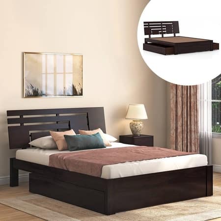Stockholm Solid Wood King Size Bed With Drawer Storage (Mahogany Finish)