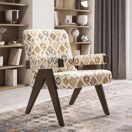 Chandigarh Fabric Lounge Chair in Mustard Mist Ikat Colour