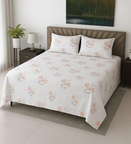 White Floral 400 TC Cotton Flat Super King Size Bedsheet With 2 Pilllow Covers From Threads