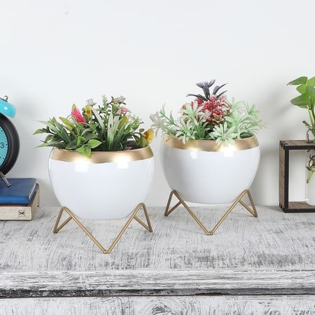 Apple Planter Set Of 2 In White And Gold Colour
