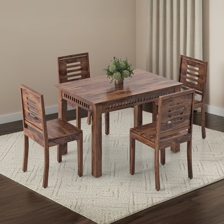 Fidora 4 Seater Dining Table With Set Of 4 Capra Dining Chairs (Finish- Teak, Colour- White)