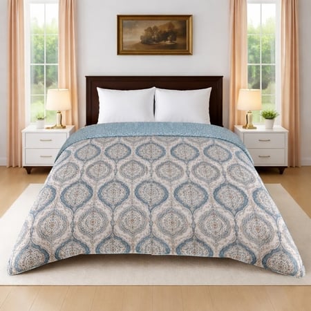 Mira White & Green Floral Cotton Comforter Double Bed Reversible 350 Gsm Size 240 X 220 Cms