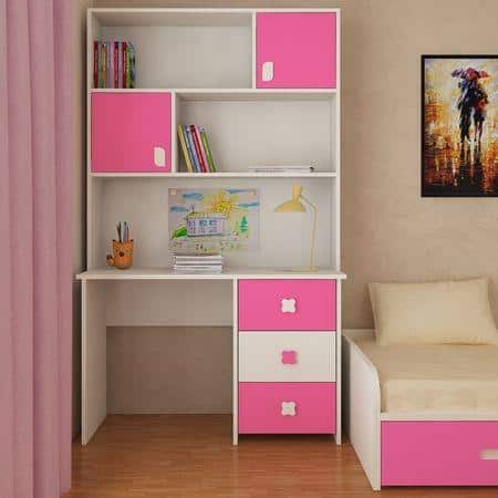 Flora Kids Study Desk cum Bookshelf with Shuttered Cabinets Open Shelves and Drawers in Ivory Barbie Pink Colour
