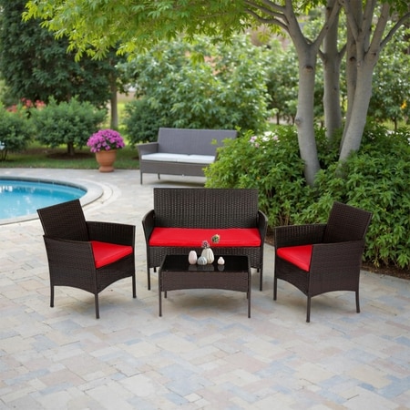 Carry Bird Wicker Patio Furniture Accessorie 4 Seater Sets In Brown And Red Colour
