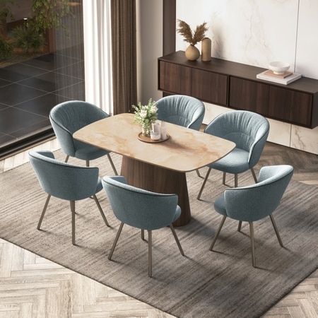 Nola Compact 6 Seater Dining Table With 6  Calix Dining Chairs (Finish : Amber Jade Ceramic, Chair Colour : Powder Blue)