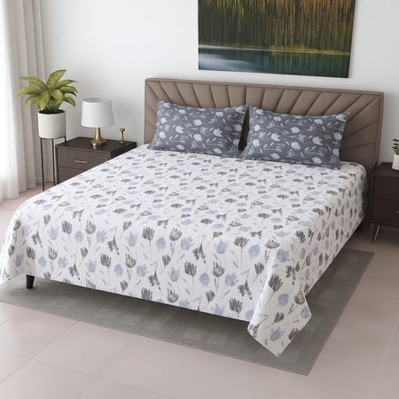 White and Charcoal Floral Cotton 400 Tc Flat Super King Size Bedsheet With 2 Pillow Covers