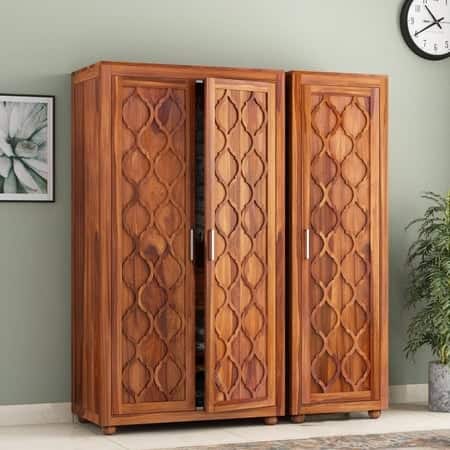 Mars 3 Door Solid Wood Wardrobe in Natural Finish